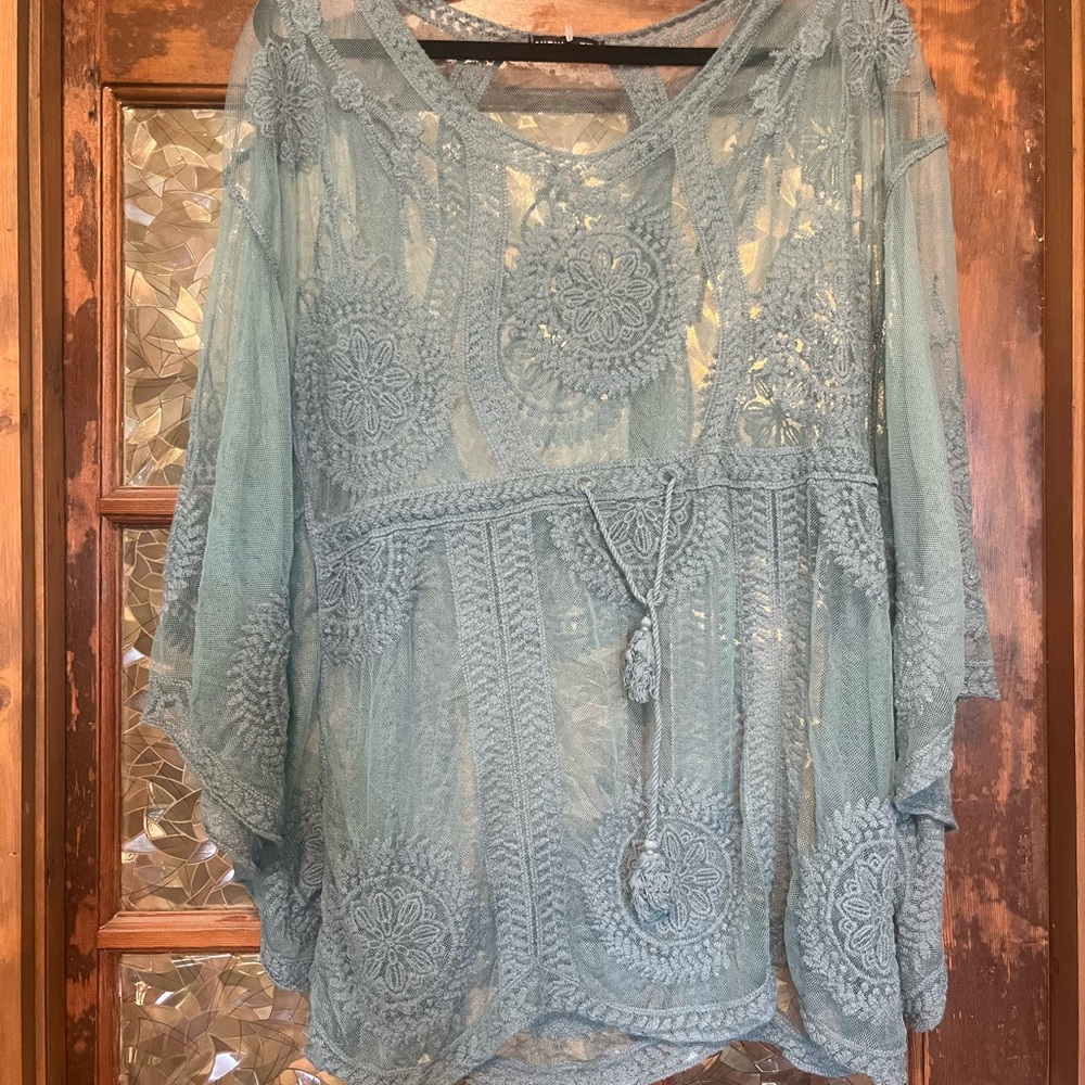 SHEIN Blue 3/4 Sleeve Tie Front Blouse